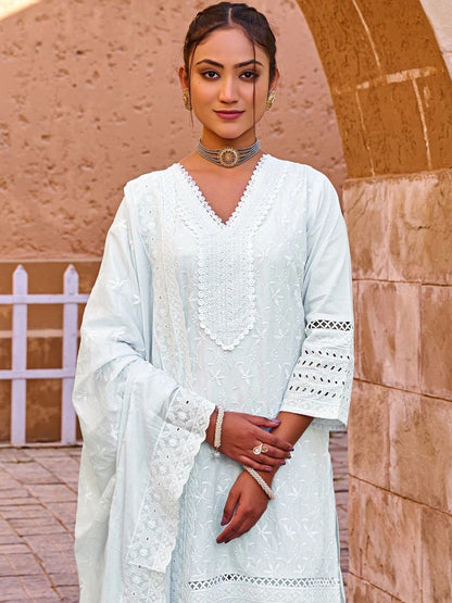 Ethnic Motifs Embroidered Chikankari Pure Cotton Kurta With Trousers & Dupatta