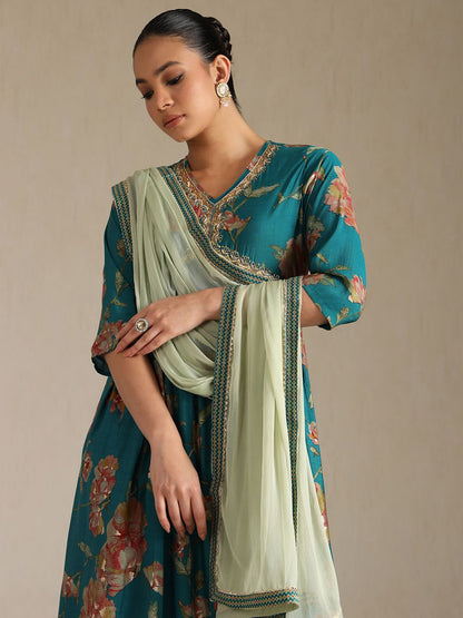 Dhiyona SO Women's Floral Printed V-Neck Sequinned Empire Anarkali Kurta With Trousers & Dupatta