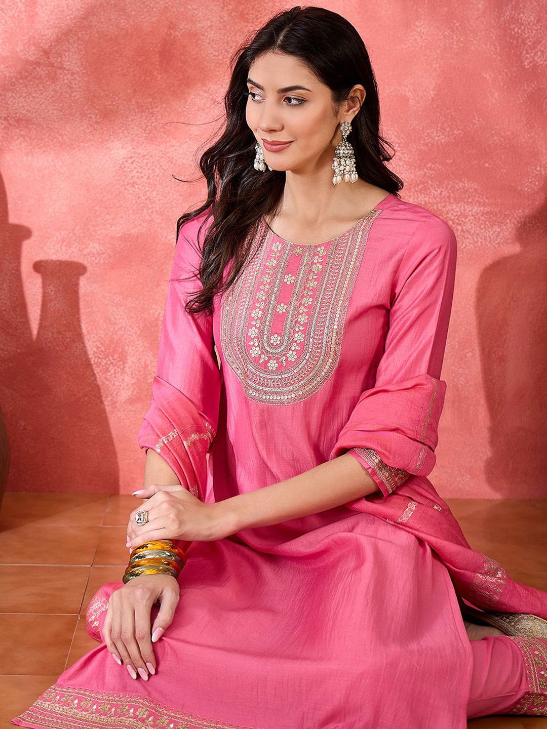 Dhiyona SN Women's Floral Embroidered Kurta with Trousers & Dupatta