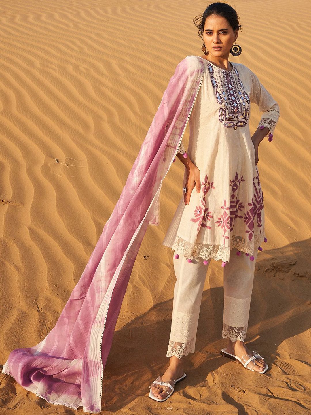 Geometric Printed Mirror Work A-Line Pure Cotton Kurta With Trousers & Dupatta