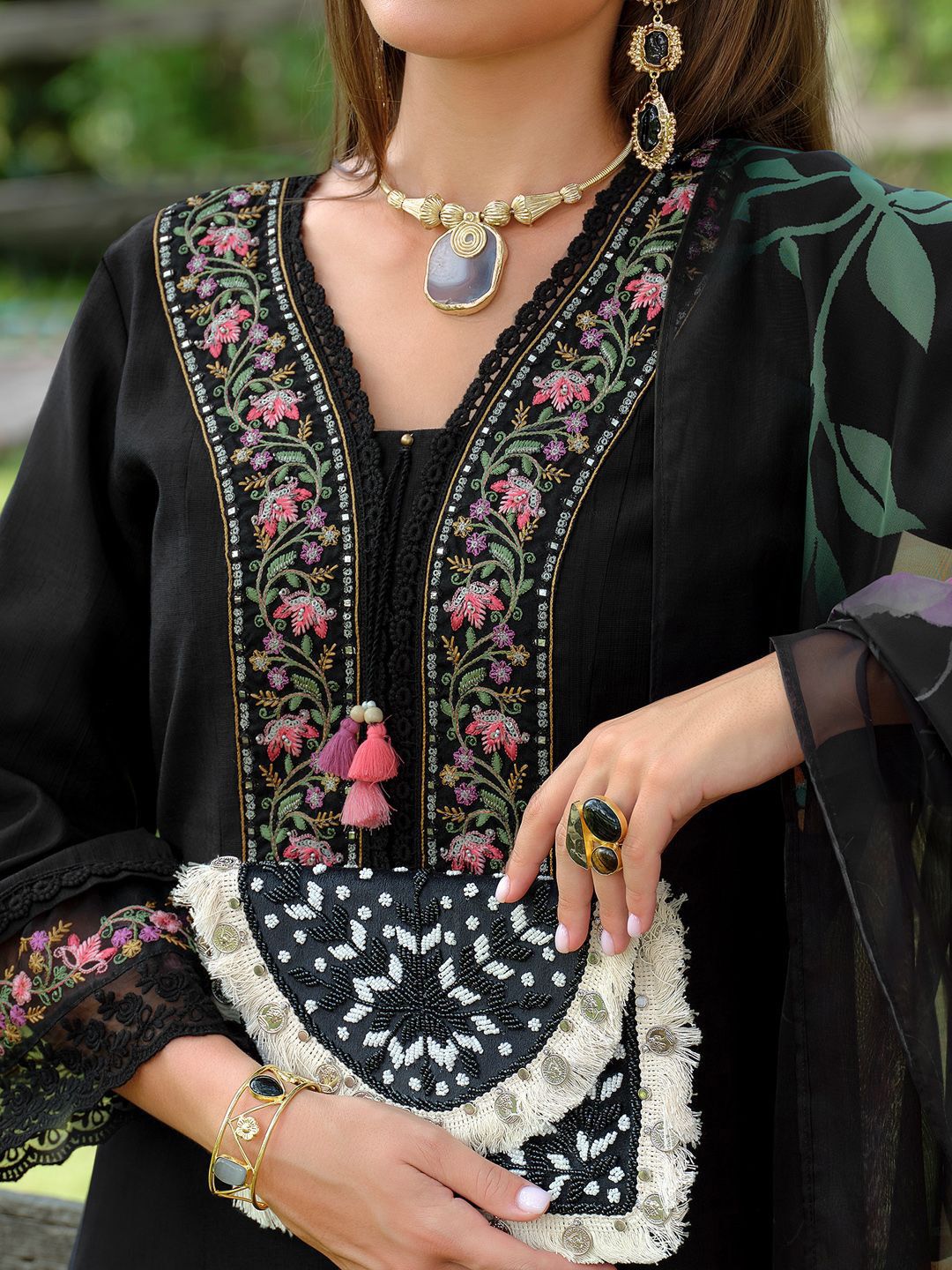 Floral Embroidered V-Neck Pure Cotton A-Line Kurta With Trousers & Dupatta