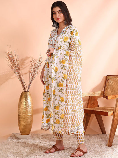 Dhiyona OD  Thread Work Pure Cotton Anarkali Kurta with Trousers & Dupatta