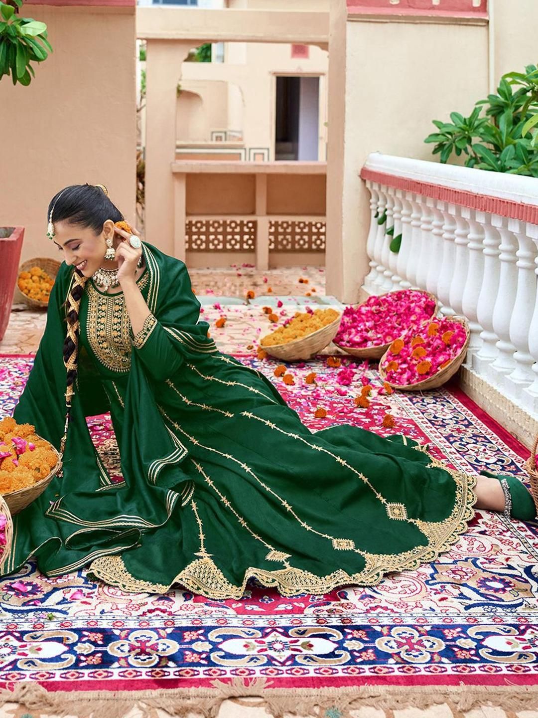 Dhiyona CH Women Woven Design Embroidered A-Line Kurta with Trousers & Dupatta