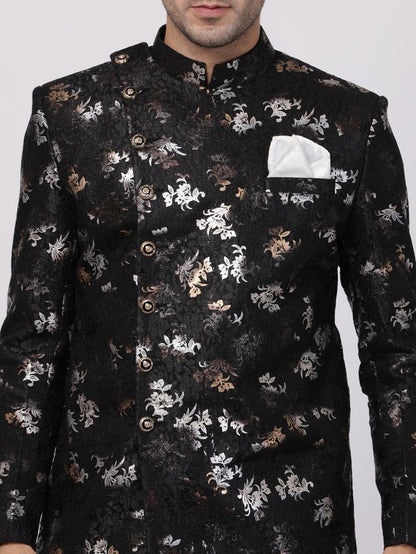 Men's Black Polyester Lurex Blend Asymmetric Sherwani Set