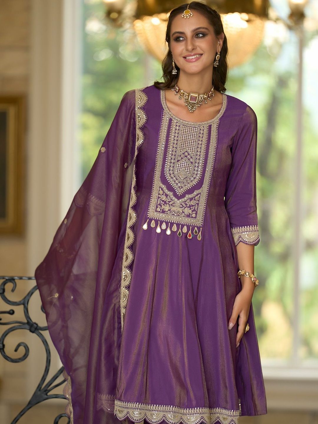 Ethnic Motifs Embroidered A-Line Sequinned Kurta With Trousers & Dupatta