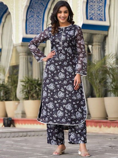 Dhiyona VA Women'sFloral Printed Pure Cotton Straight Kurta with Trousers
