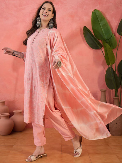 Dhiyona SN Women's Floral Embroidered Notch Neck Thread Work Straight Kurta With Trouser And Dupatta