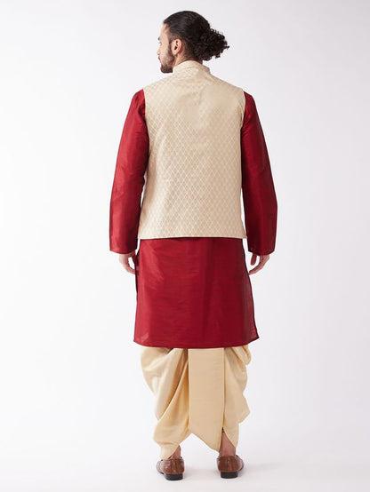 Men's Maroon Silk Blend Straight Jacket  Kurta and Dhoti Set