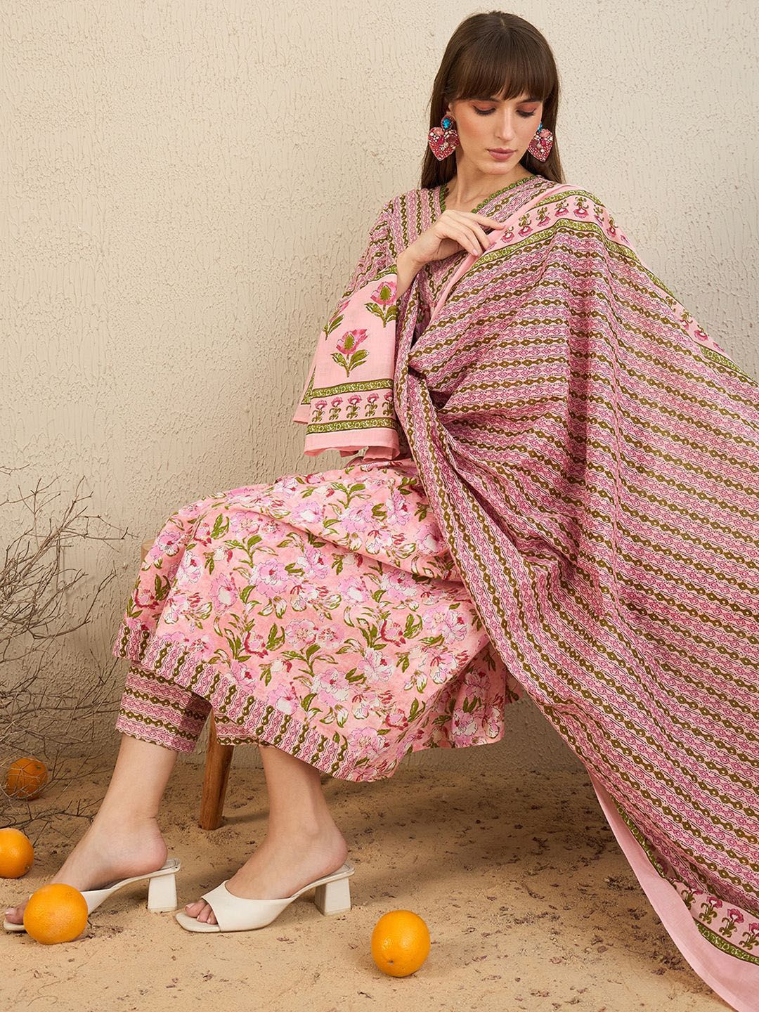 Dhiyona IE Floral Printed Empire Pure Cotton A-Line Kurta With Trousers & Dupatta