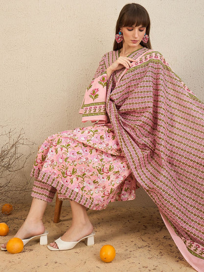 Dhiyona IE Floral Printed Empire Pure Cotton A-Line Kurta With Trousers & Dupatta