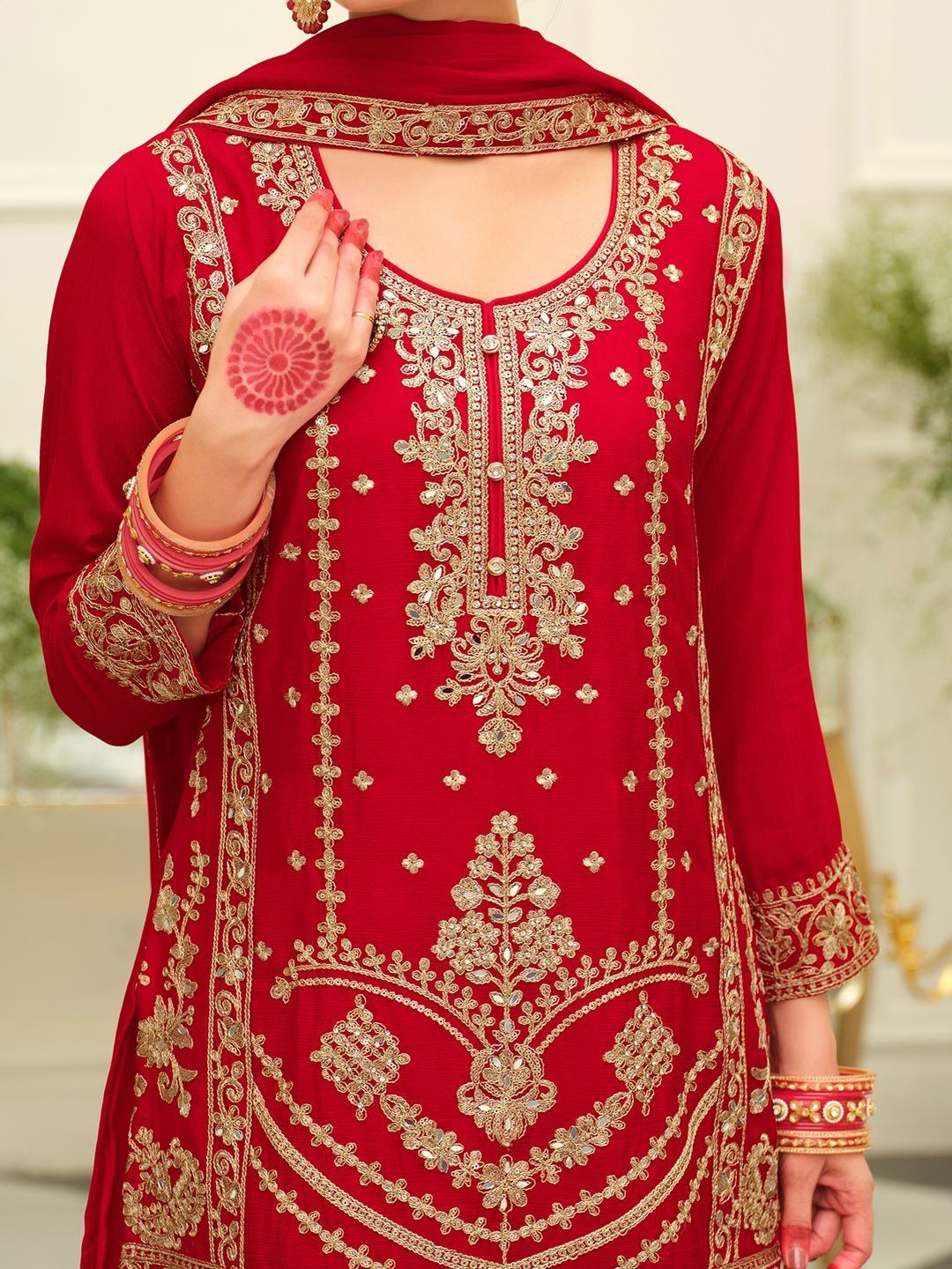 Ethnic Motifs Embroidered Mirror Work Straight Kurta & Palazzos With Dupatta