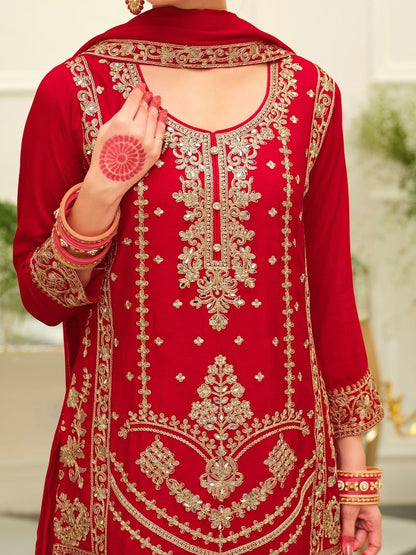 Ethnic Motifs Embroidered Mirror Work Straight Kurta & Palazzos With Dupatta