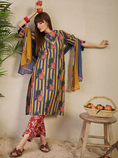 Women Floral Printed Regular Pure Cotton Kurta with Trousers & With Dupatta