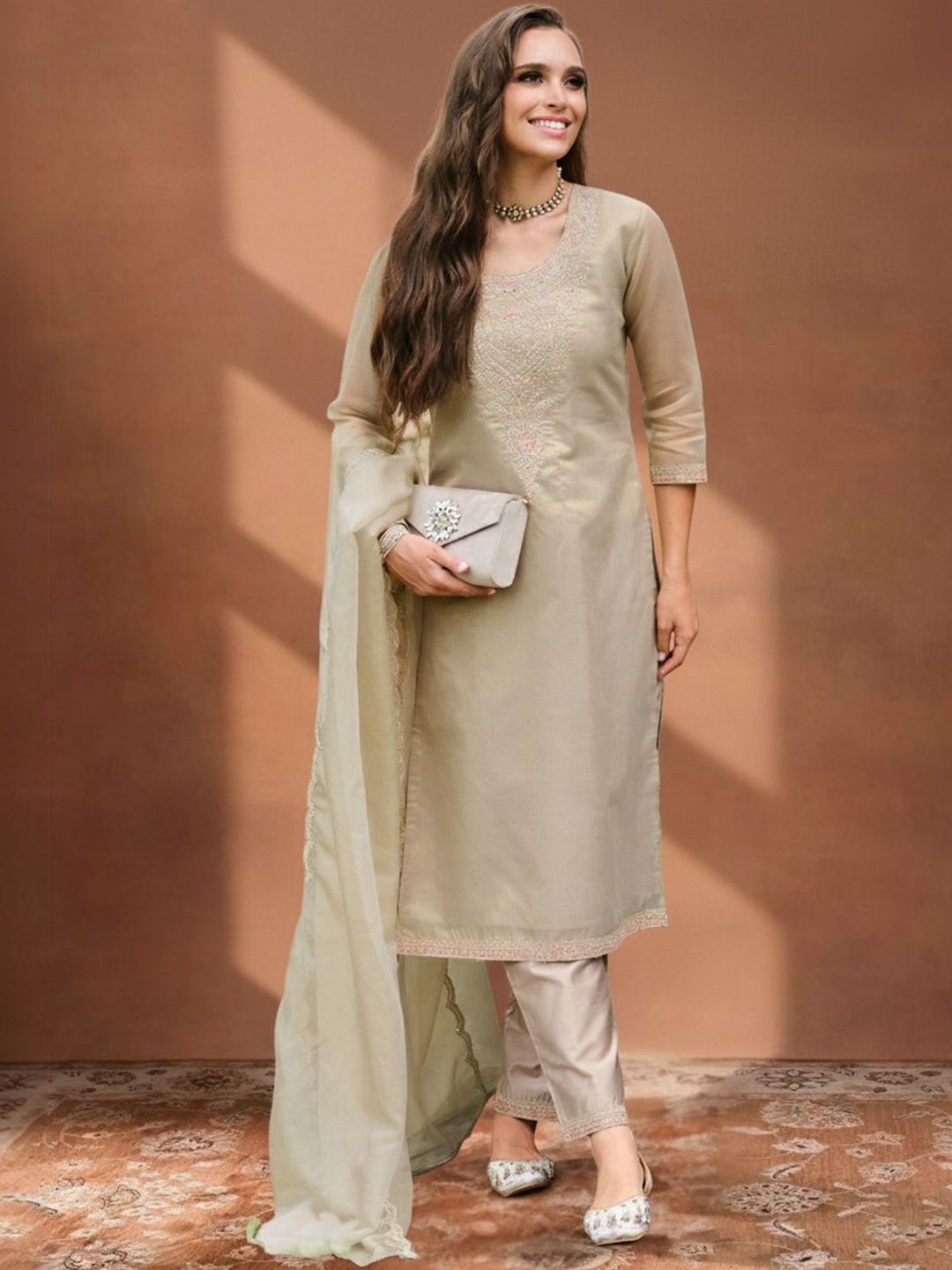 Women Ethnic Motifs Embroidered Regular Thread Work Kurta with Trousers & With Dupatta