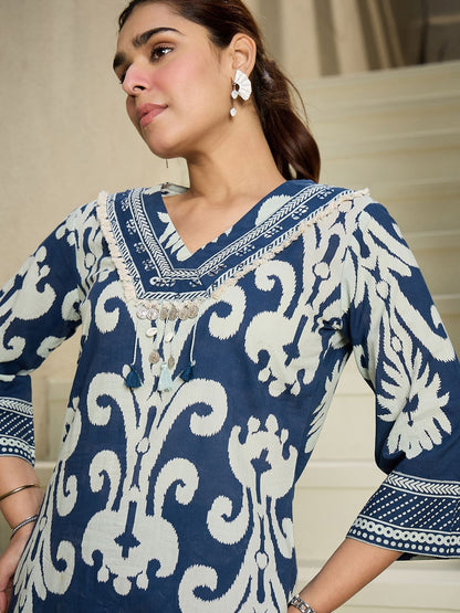 Floral Printed V-Neck Pure Cotton Kurta with Trousers