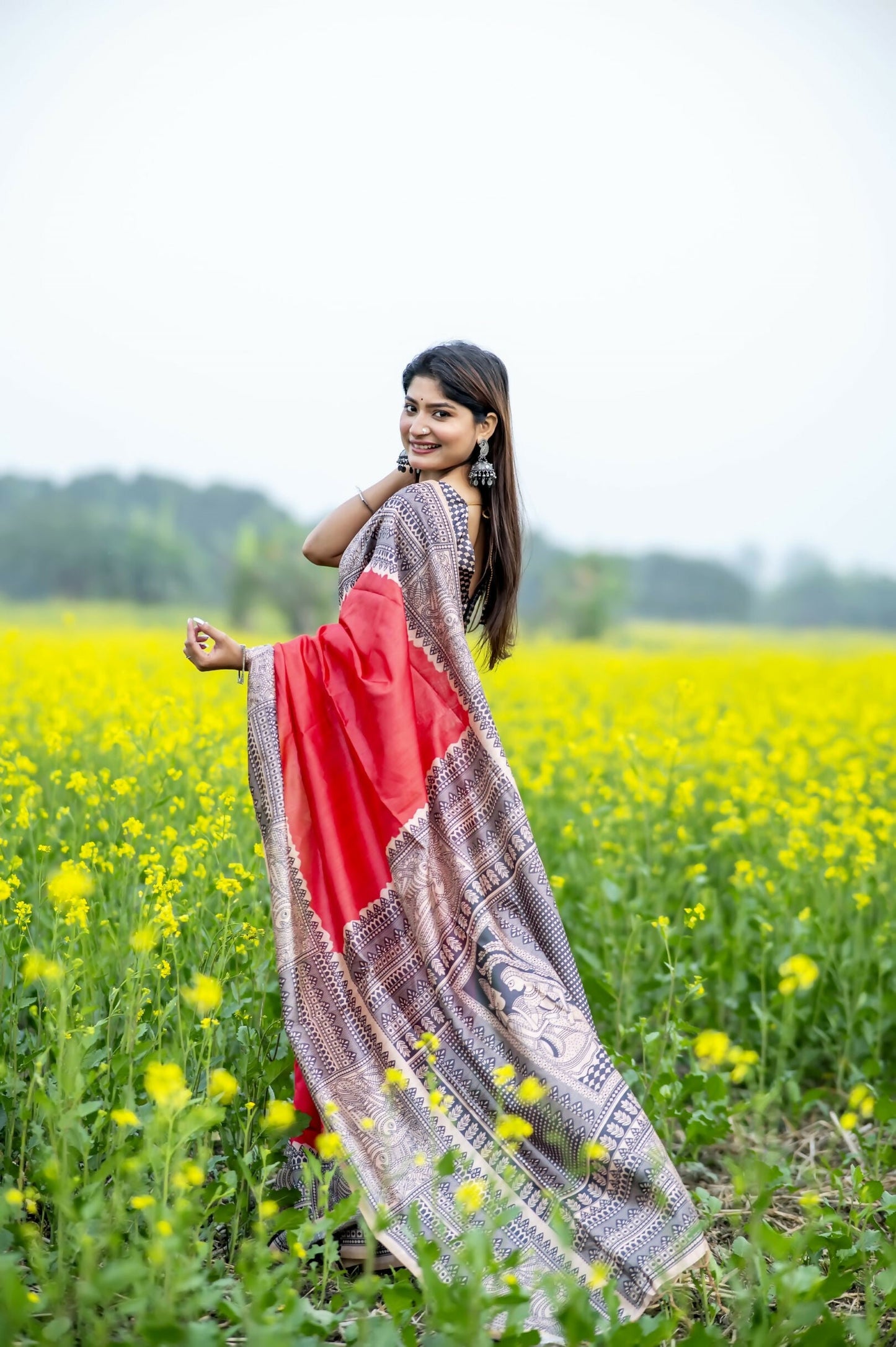 Women Yogita Madhubani 3 Red Saree With Unstiched Blouse