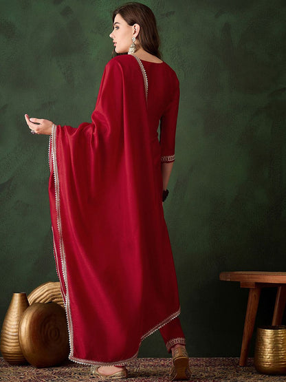 Dhiyona SN Women's Embroidered Straight Kurta With Trousers And Dupatta