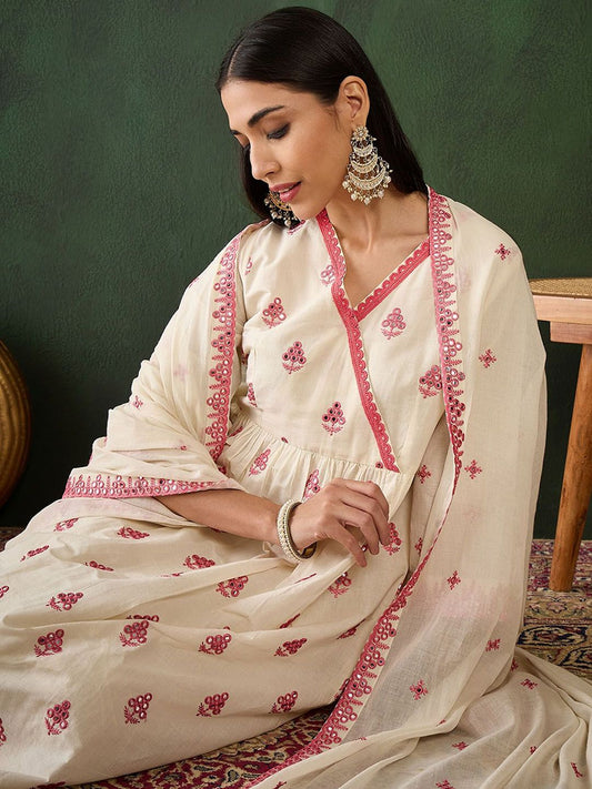 Dhiyona SN Women's Off White Floral Embroidered Pure Cotton Mirror Work Kurta & Trouser With Dupatta