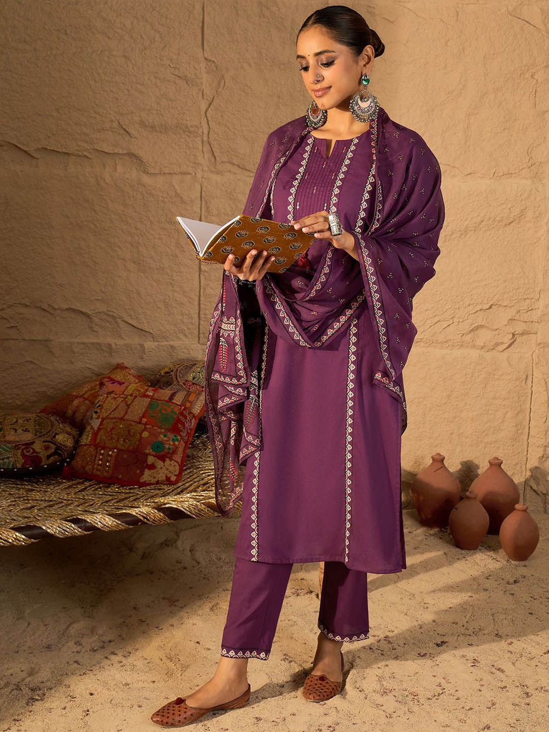 Thread Work Pure Cotton Straight Kurta With Trousers & Dupatta