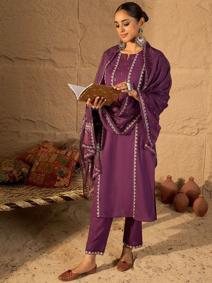 Thread Work Pure Cotton Straight Kurta With Trousers & Dupatta