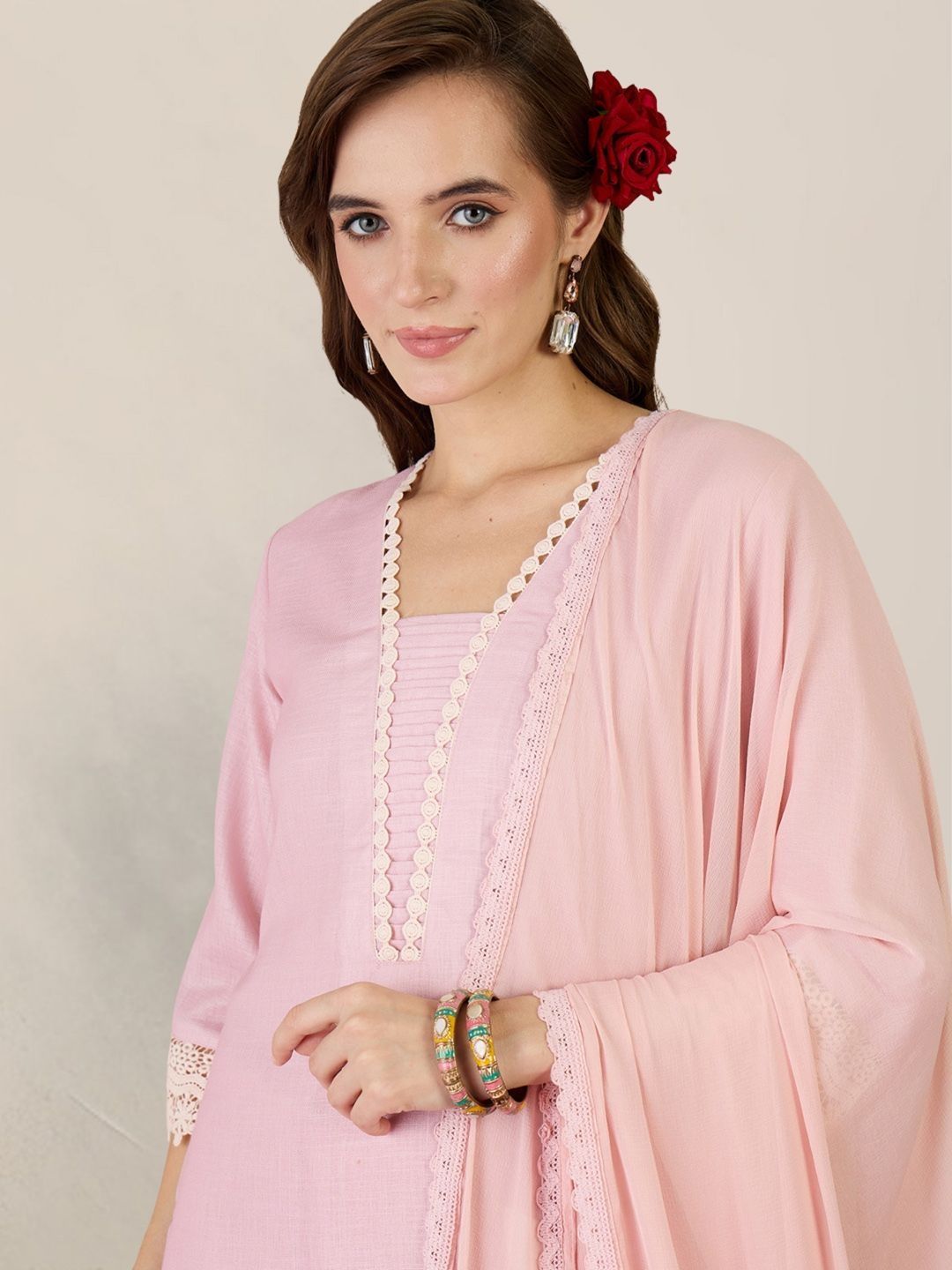 Dhiyona IE Women Ethnic Motifs Printed Regular Linen Kurta with Trousers & With Dupatta