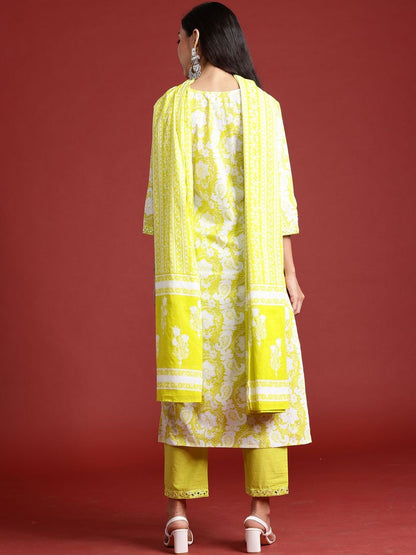 Floral Printed Mirror Work Pure Cotton Kurta With Trouser And Dupatta