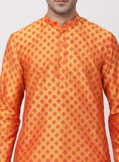 Men's Orange Cotton Blend Straight Kurta Pyjama Set