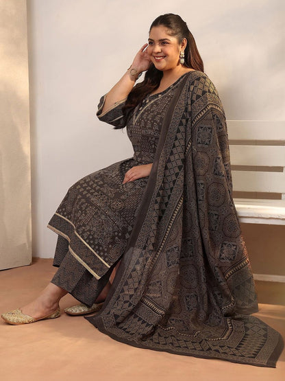 Dhiyona Women's Plus Size Ethnic Motifs Printed Kurta with Trousers & Dupatta