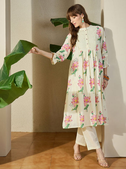Women Floral Printed Pleated Pure Cotton Kurta with Trousers