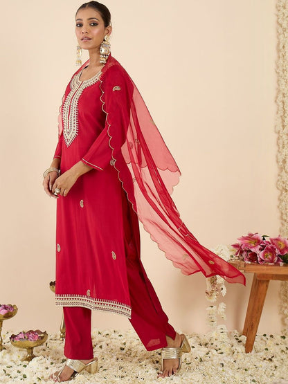 Women Ethnic Motifs Embroidered Regular Kurta with Trousers & With Dupatta