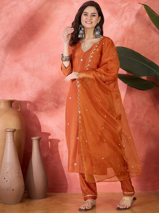 Dhiyona SN Women's Floral Embroidered Notch Neck Thread Work Straight Kurta With Trouser & Dupatta
