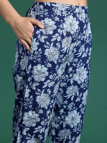 Dhiyona IE Printed V-Neck Pure Cotton A-Line Tunic With Trouser