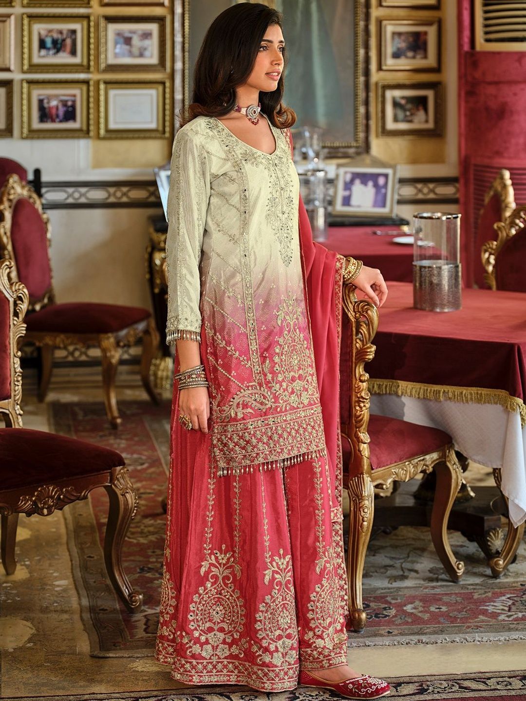 Dhiyona IE Ethnic Motifs Embroidered Round Neck Straight Kurta With Sharara & Dupatta