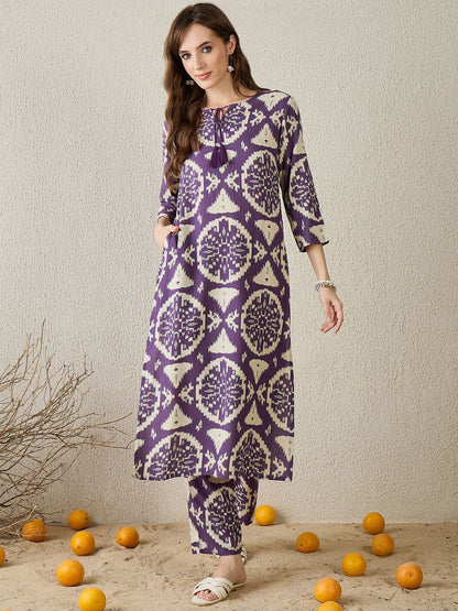 Dhiyona IE Ethnic Motifs Printed Round Neck Tunic With Trousers