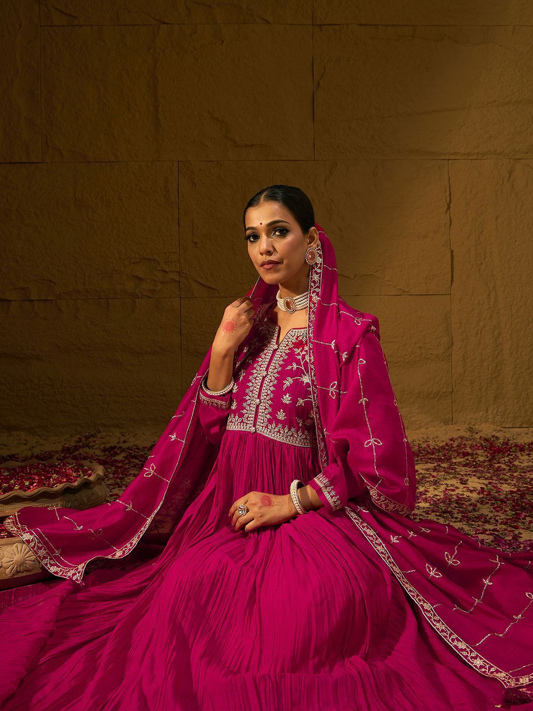 Floral Embroidered Notched Neck Pleated A-Line Kurta With Trousers & Dupatta