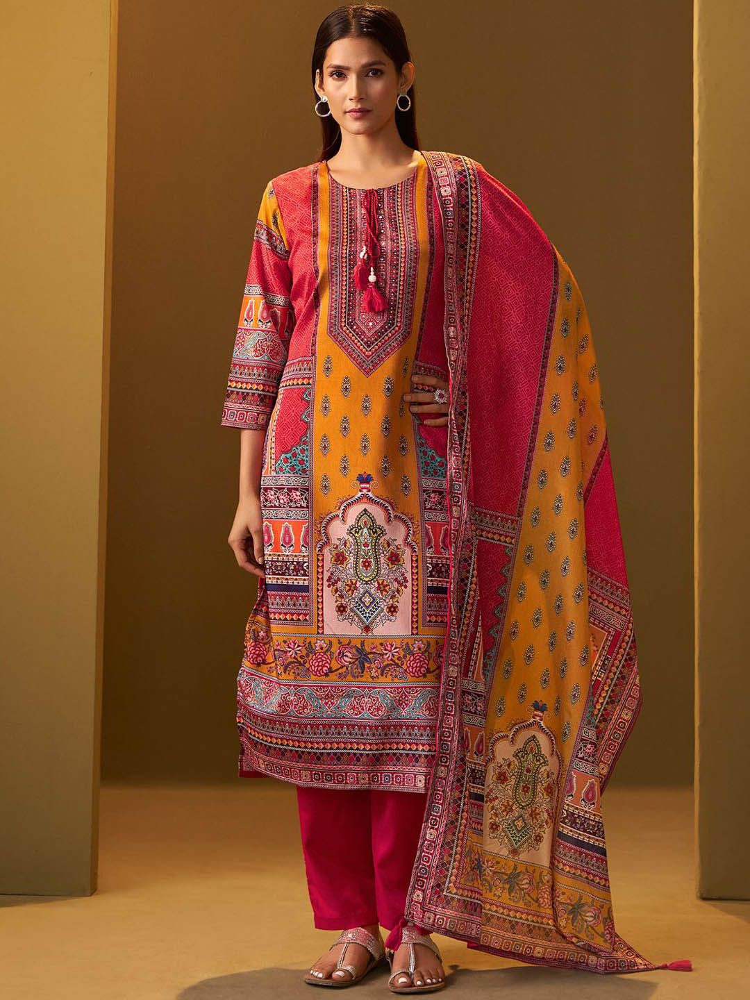 Dhiyona IE Ethnic Motifs Printed Thread Work Straight Kurta With Trousers & Dupatta