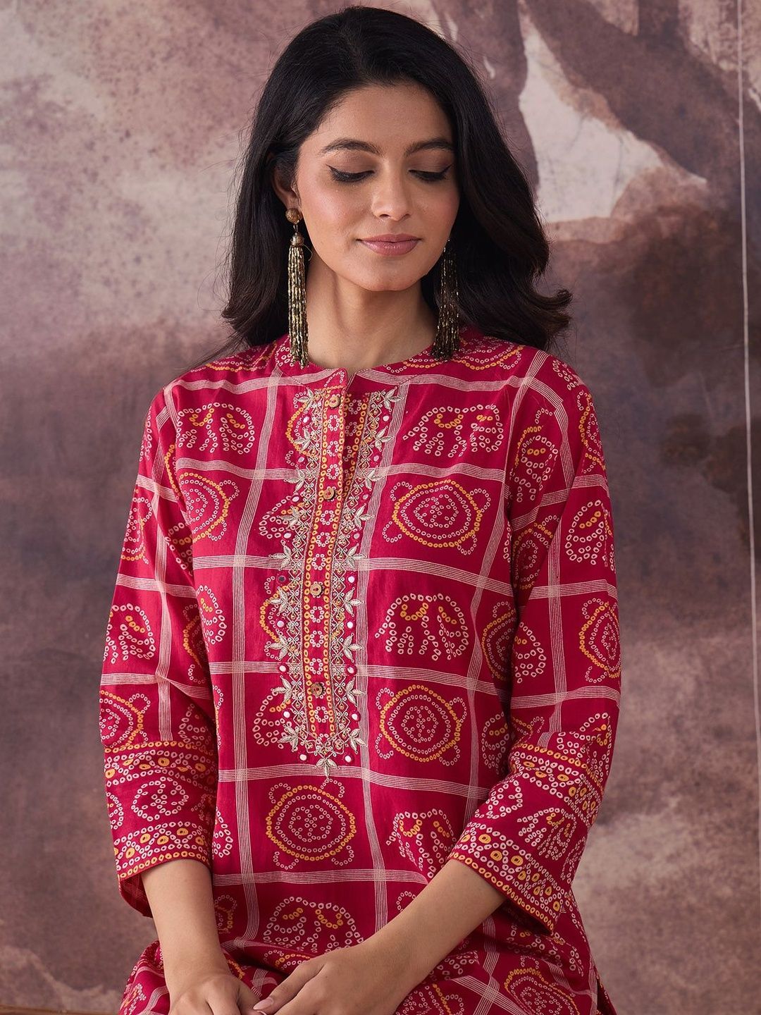 Dhiyona IE Printed Mandarin Collar Pure Cotton Tunic With Trousers