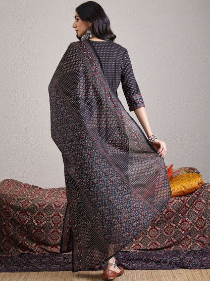 Ethnic Motifs Yoke Design Pure Cotton Straight Kurta & Trousers With Dupatta