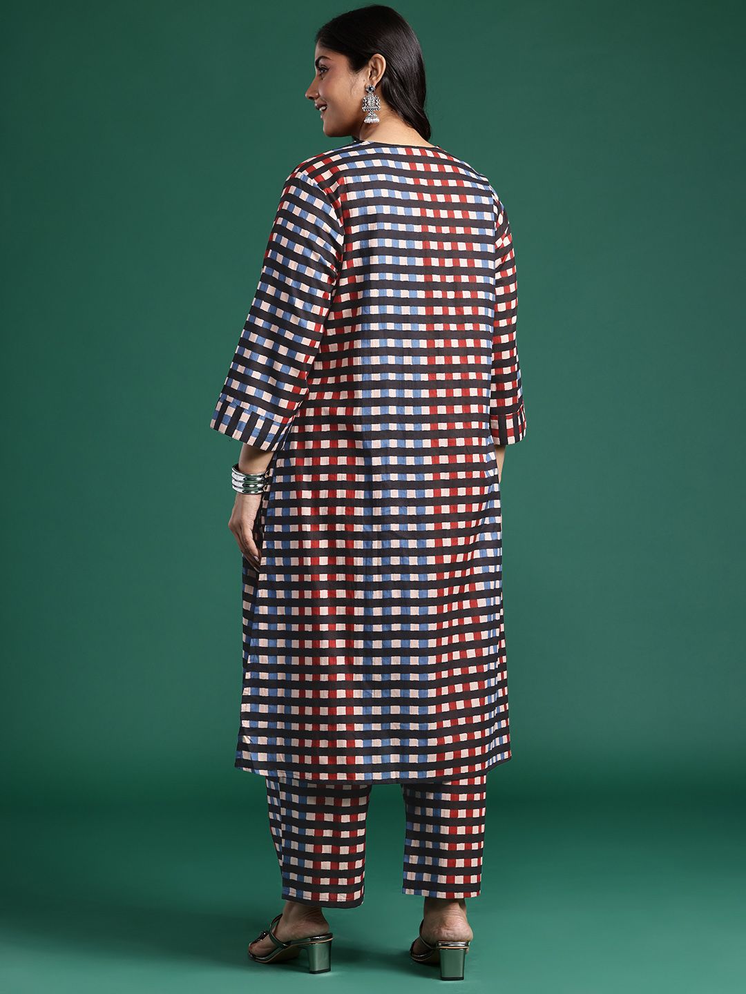 Pleated Checked Cotton Kurta with Palazzos