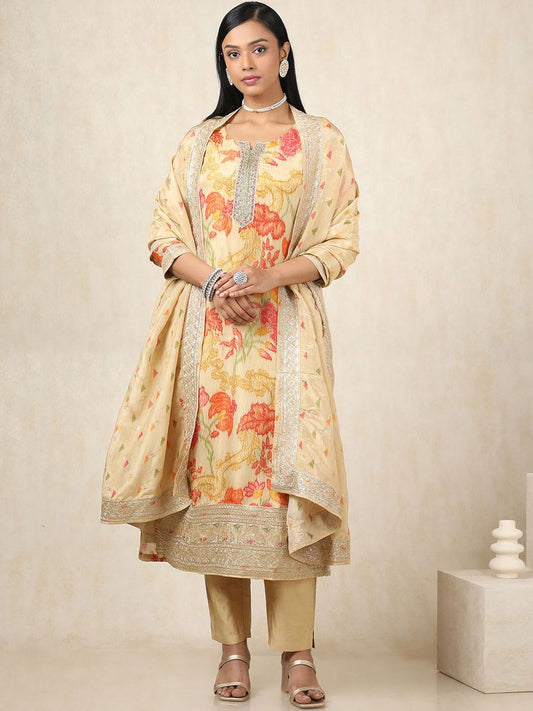 Dhiyona SO Women's Floral Botanical Printed Notch Neck Sequinned Tissue Kurta With Trousers & Dupatta