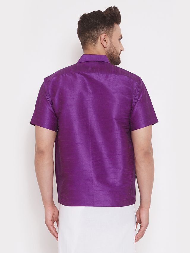 Men's Purple Silk Blend Straight Shirt And Mundu