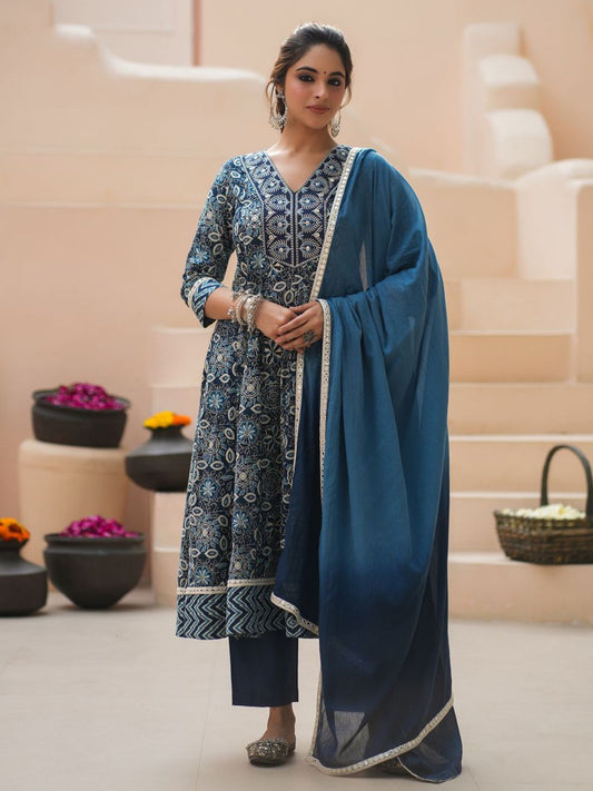 Dhiyona RR Women's Floral Printed Cotton Kurta with Trousers & Dupatta
