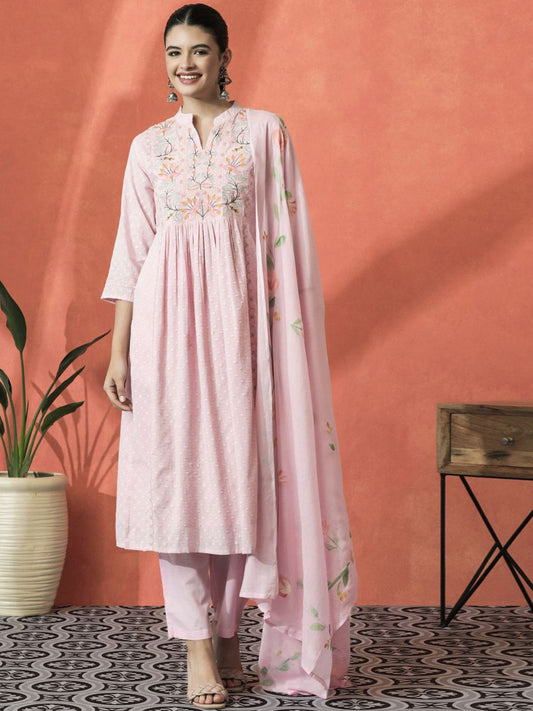 Dhiyona SN Women's Floral Embroidered Mandarin Collar Cotton A-Line Kurta With Trouser & Dupatta