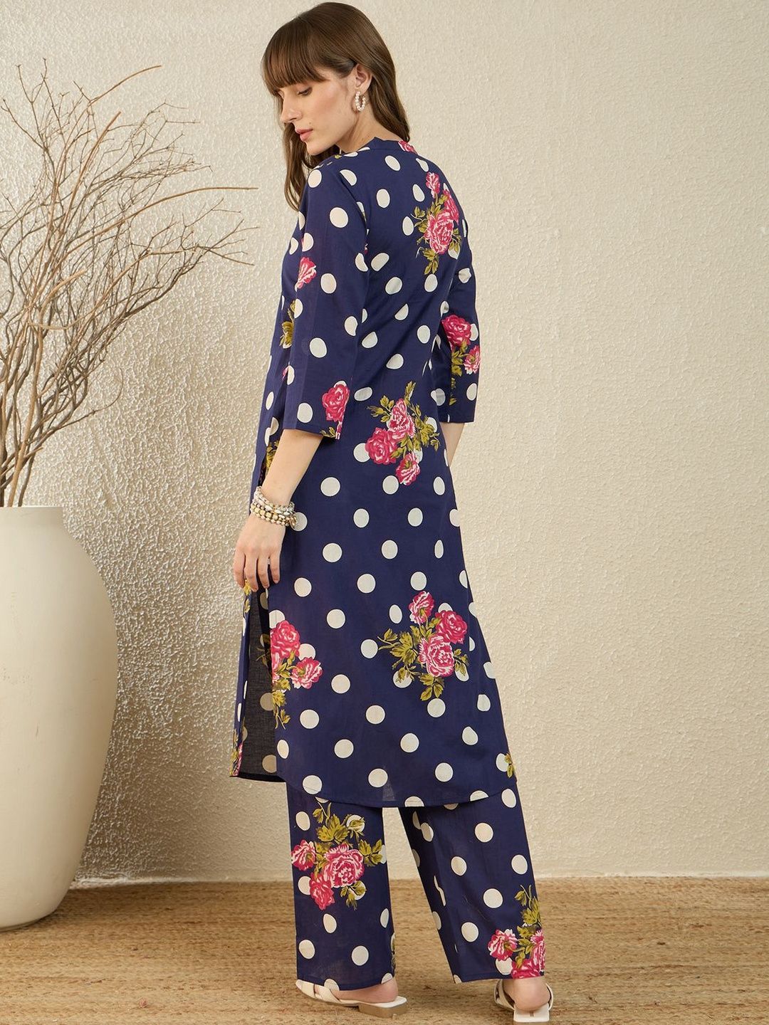 Dhiyona IE Printed Mandarin Collar Three-Quarter Sleeves Pure Cotton Tunic And Trousers