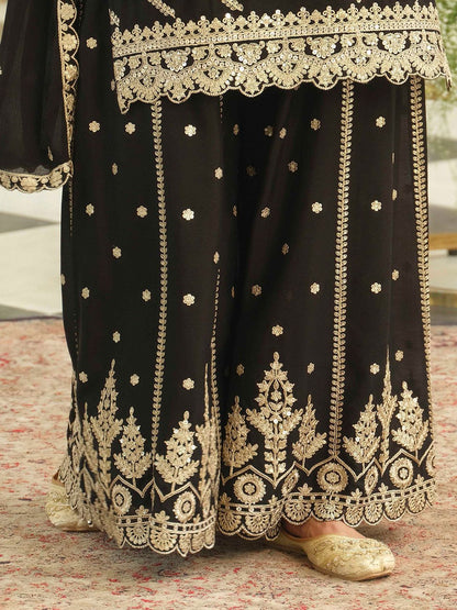 Ethnic Motifs Embroidered Chinon Straight Sequinned Kurta With Palazzos & Dupatta