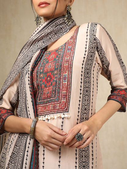 Dhiyona SO Women's Printed Straight Sequinned Pure Cotton Kurta With Trousers And Dupatta