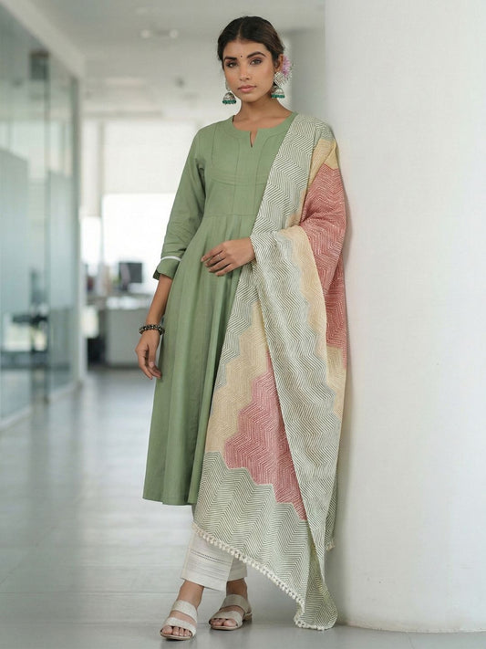 Dhiyona RR Women's Regular Thread Work Pure Cotton Kurta with Trousers & With Dupatta