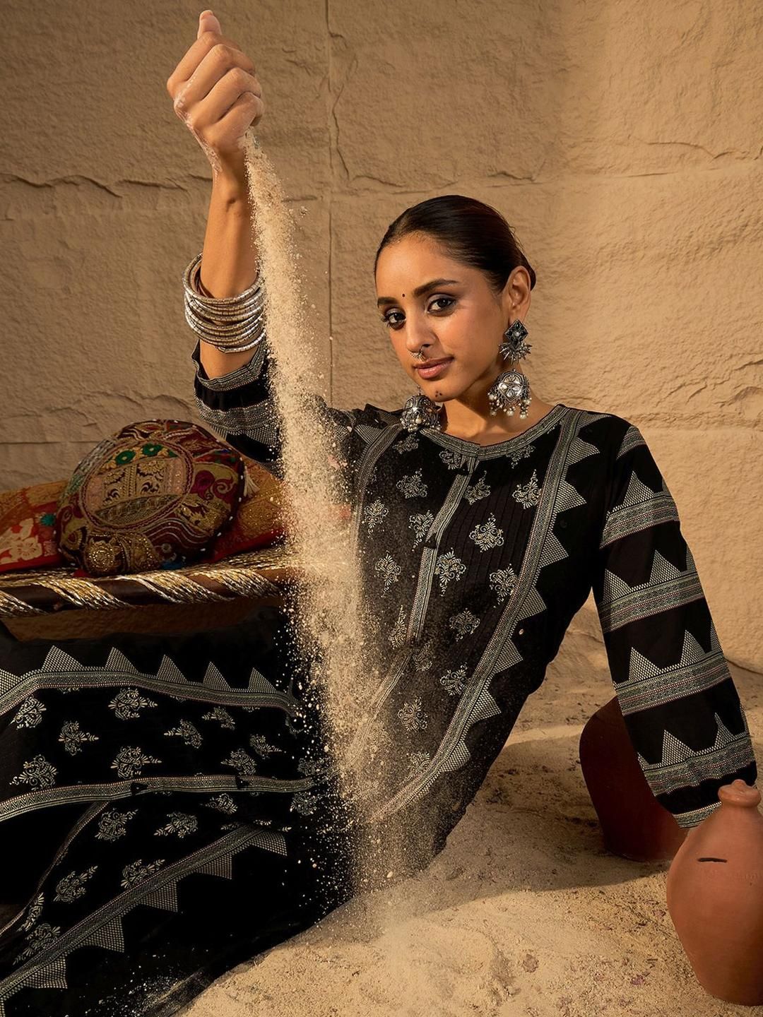 Dhiyona IE Printed Pure Cotton Round Neck Tunic With Trousers