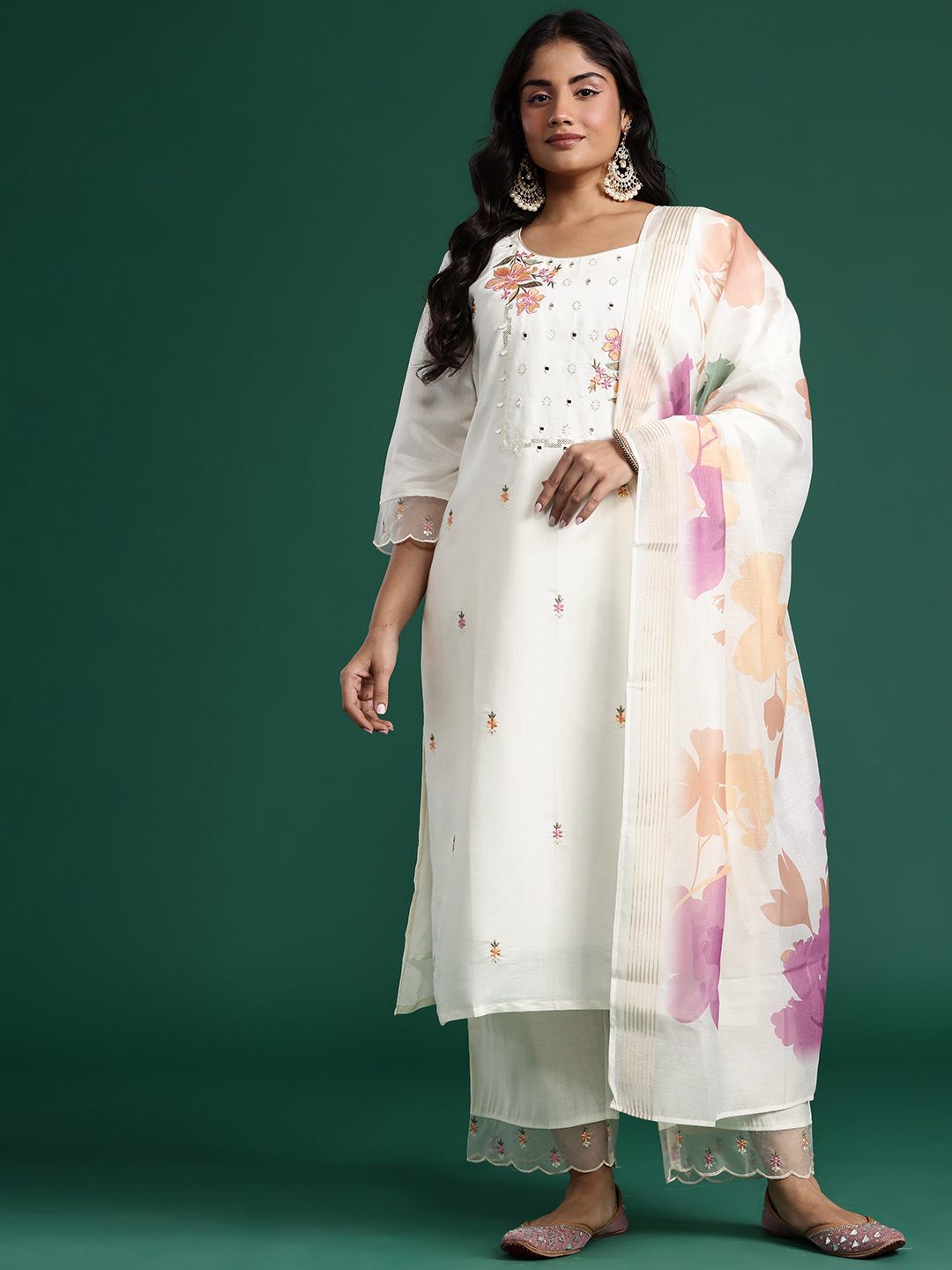 Floral Embroidered Mirror Work Kurta with Palazzos & Dupatta
