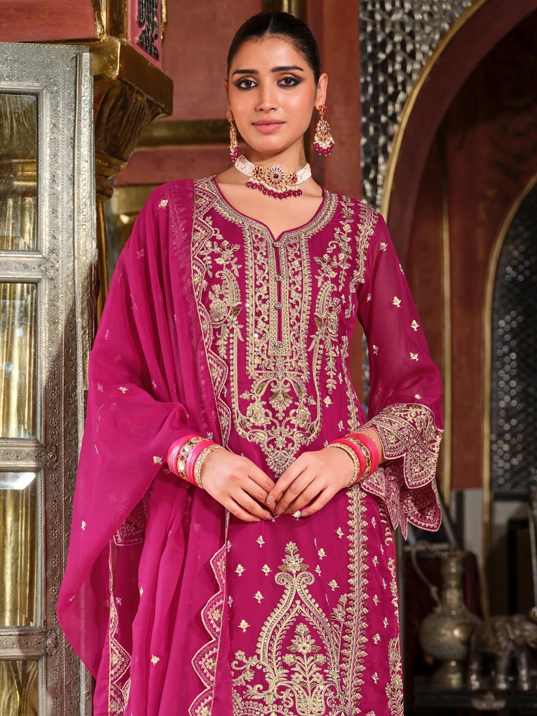 Ethnic Motifs Embroidered Zari Organza Straight Kurta & Trousers With Dupatta